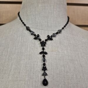 Black Beaded Statement Necklace Teardrop Pendant Vintage Style
